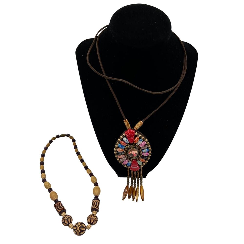 Vintage Boho Style Beaded Tassel Pendant Necklace Wooden Handmade Authentic